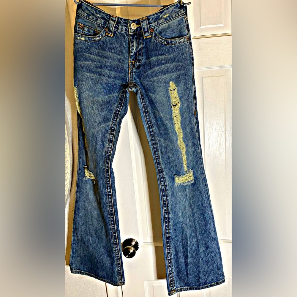 True Religion World Tour Bobby Distressed Jeans Size 28 Flare Bootcut Blue